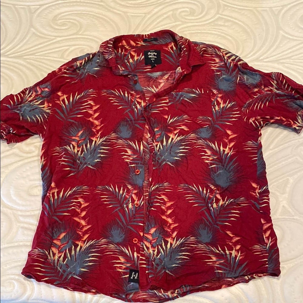 Red and Blue Casual Button Down Shirt with Tropical Print